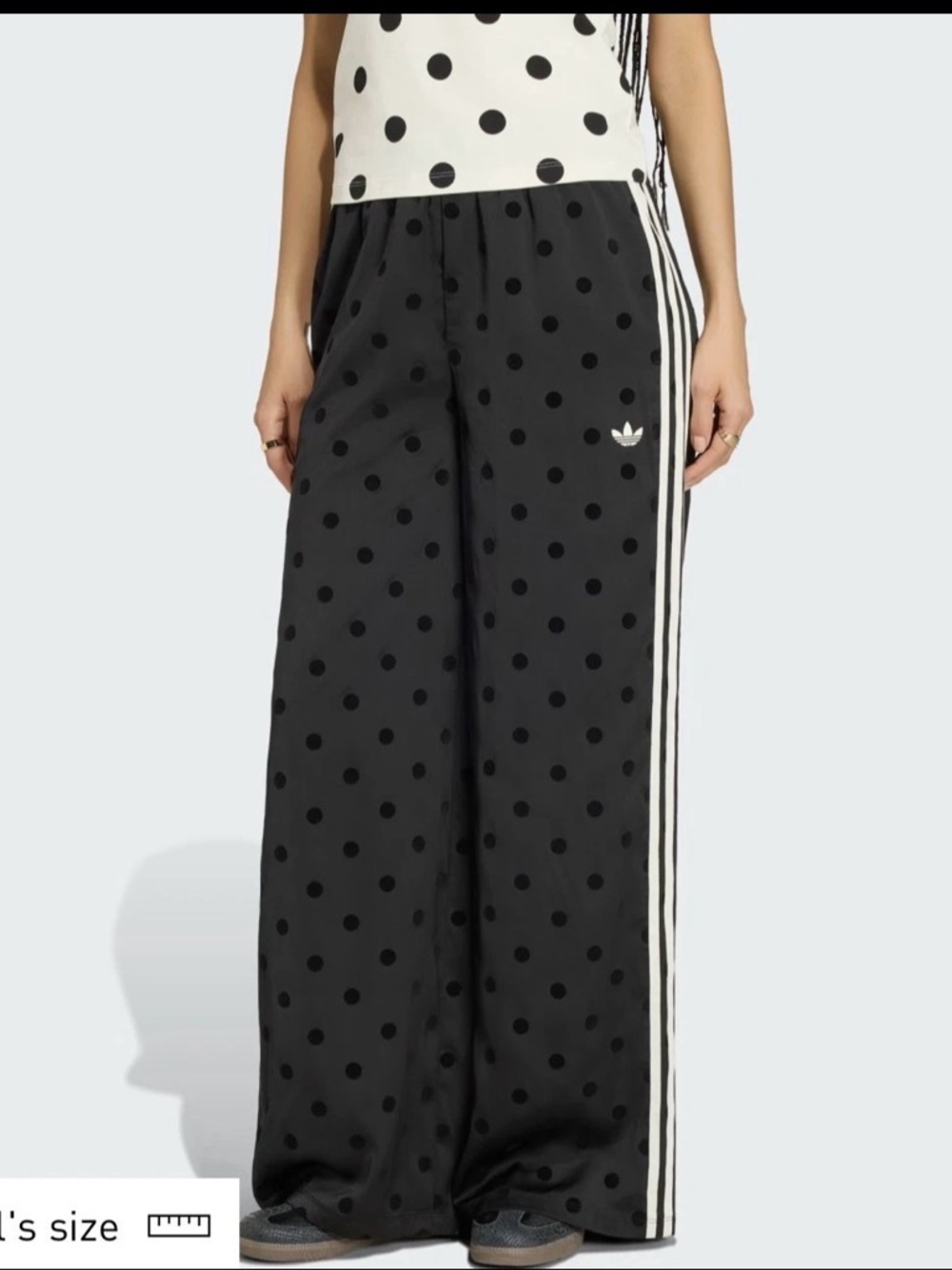 adidas Black Polka Dot Wide-Leg Track Pants with White Stripes